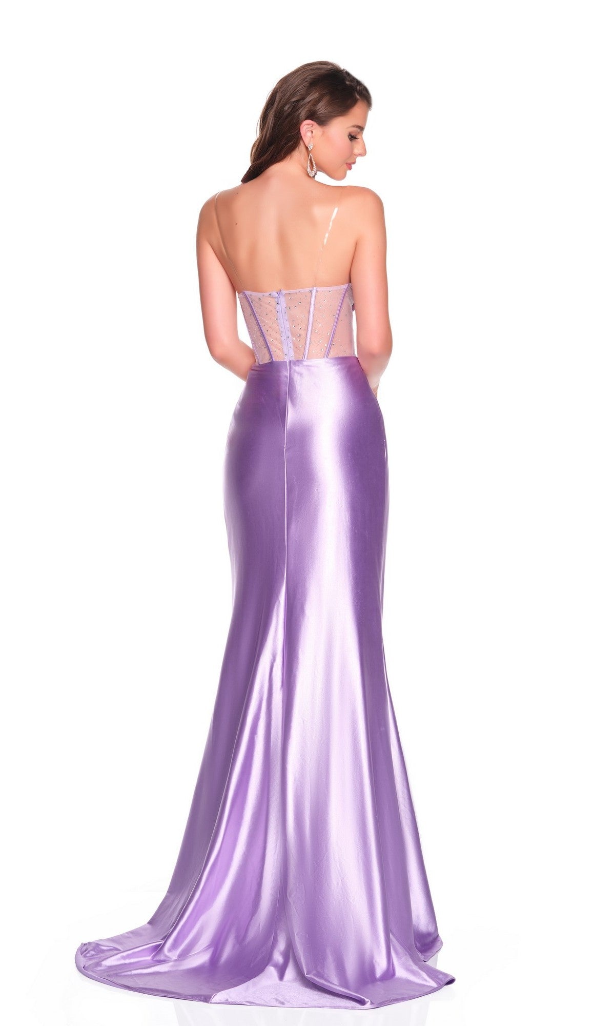 A woman is shown from the back wearing the Dave and Johnny 12477, a shiny lavender strapless long prom dress with rhinestone embellishments, set against a white background.